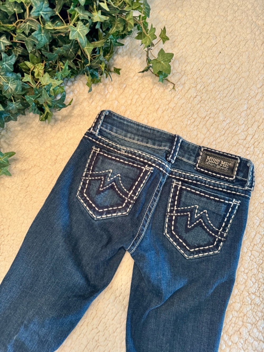 Miss Me Dark Blue Skinny Jeans with White Contrast Stitching